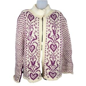 Vintage Nordic Heart Wool Cardigan Large Purple Cream Fair Isle Knit Romantic